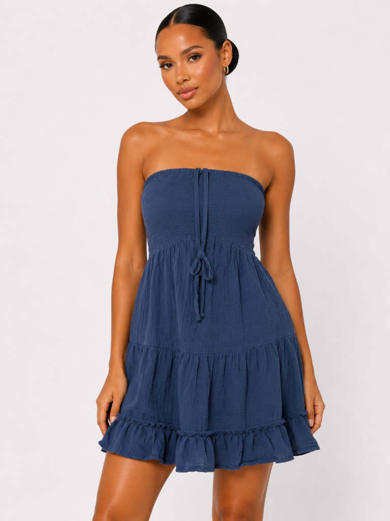 Navy Strapless Tiered Mini Dress