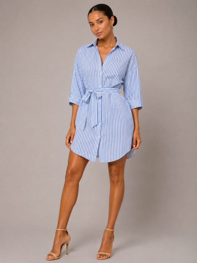 Blue Striped Belted Shirt Dress