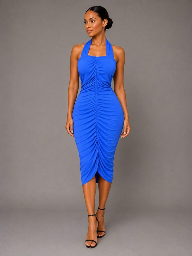 Royal Blue Ruched Halter Midi Dress