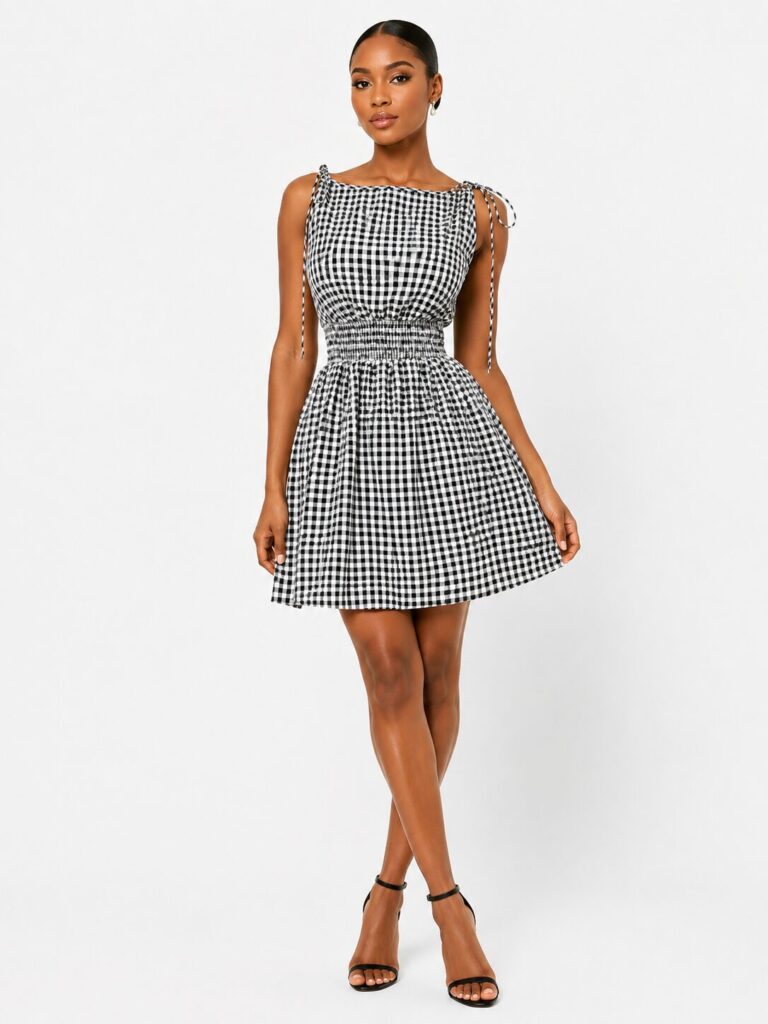 Black & White Gingham Tie-Shoulder Skater Dress