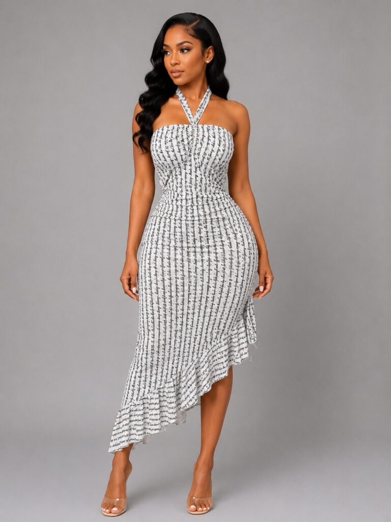White Script Print Halter Asymmetric Midi Dress