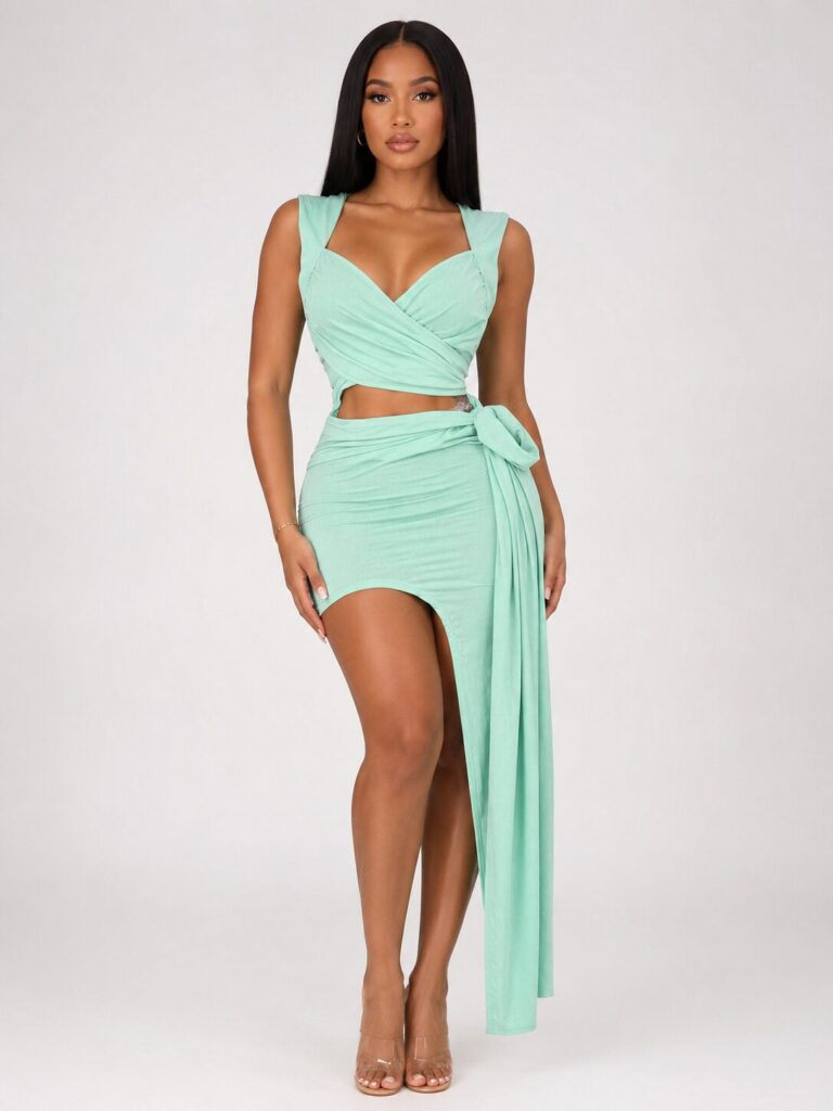 Mint Wrap Crop Top & Draped Skirt Set