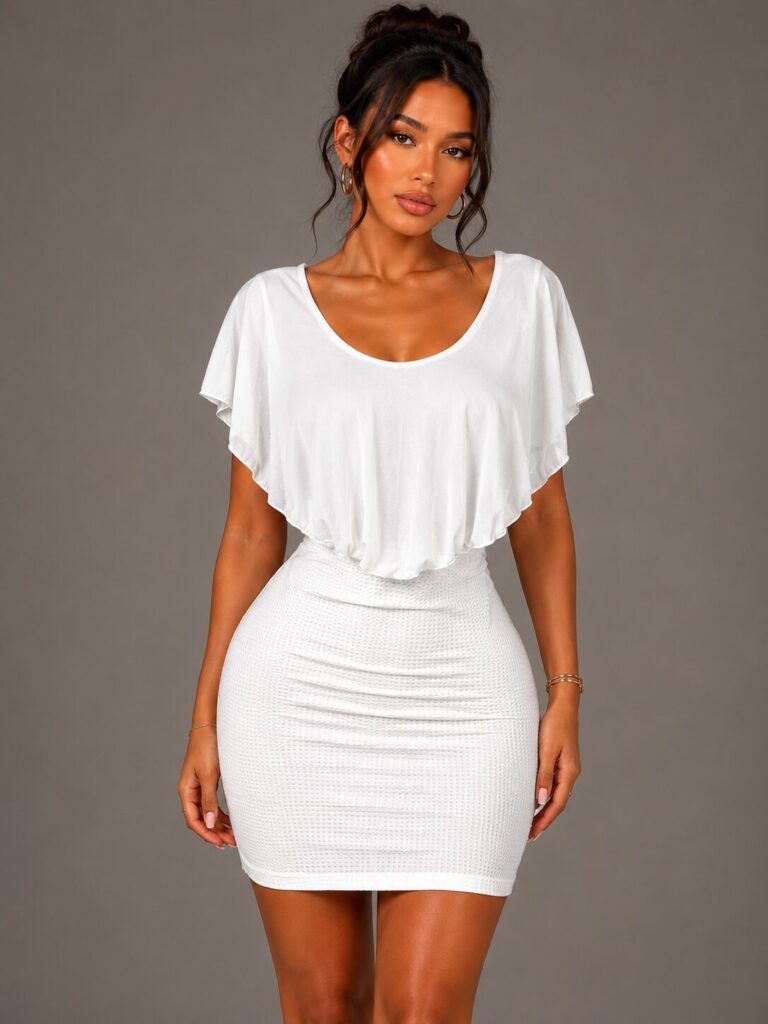 White Ruffle Overlay Textured Mini Dress