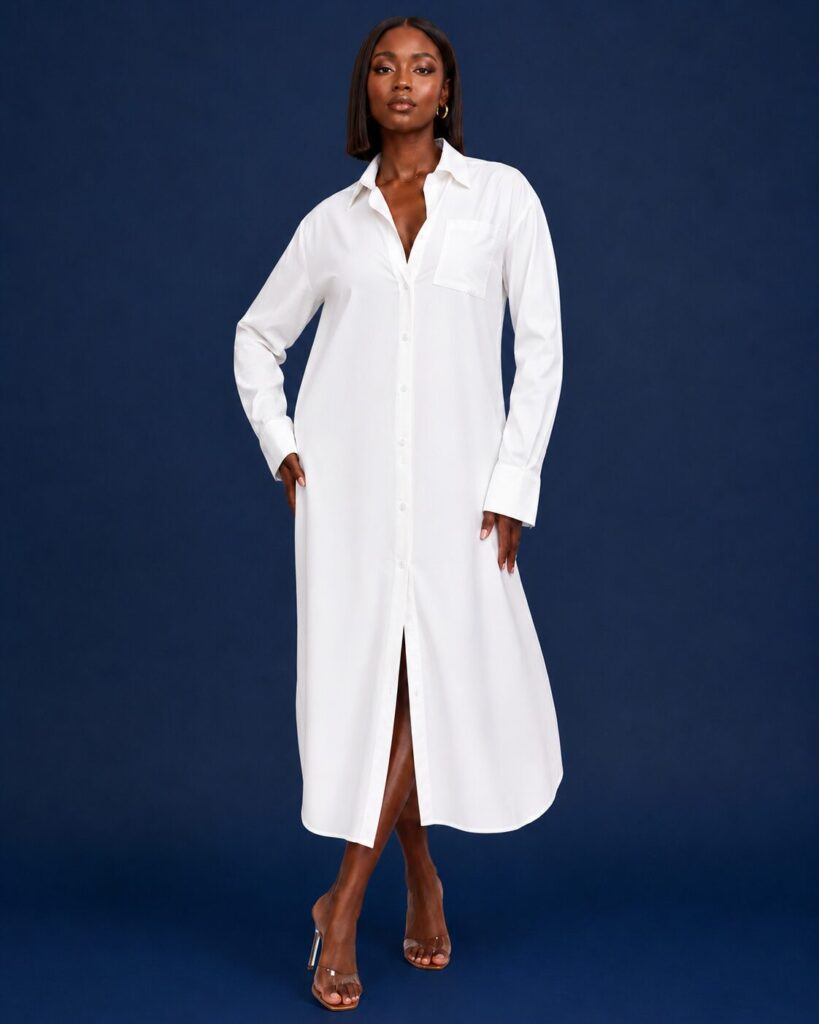 White Long-Sleeve High-Slit Shirt Maxi Dress