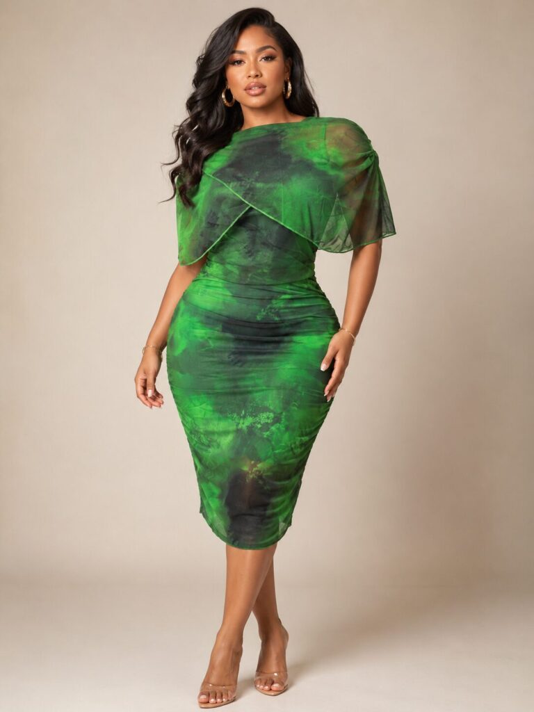 Emerald Mesh Mock-Neck Ruched Midi Dress
