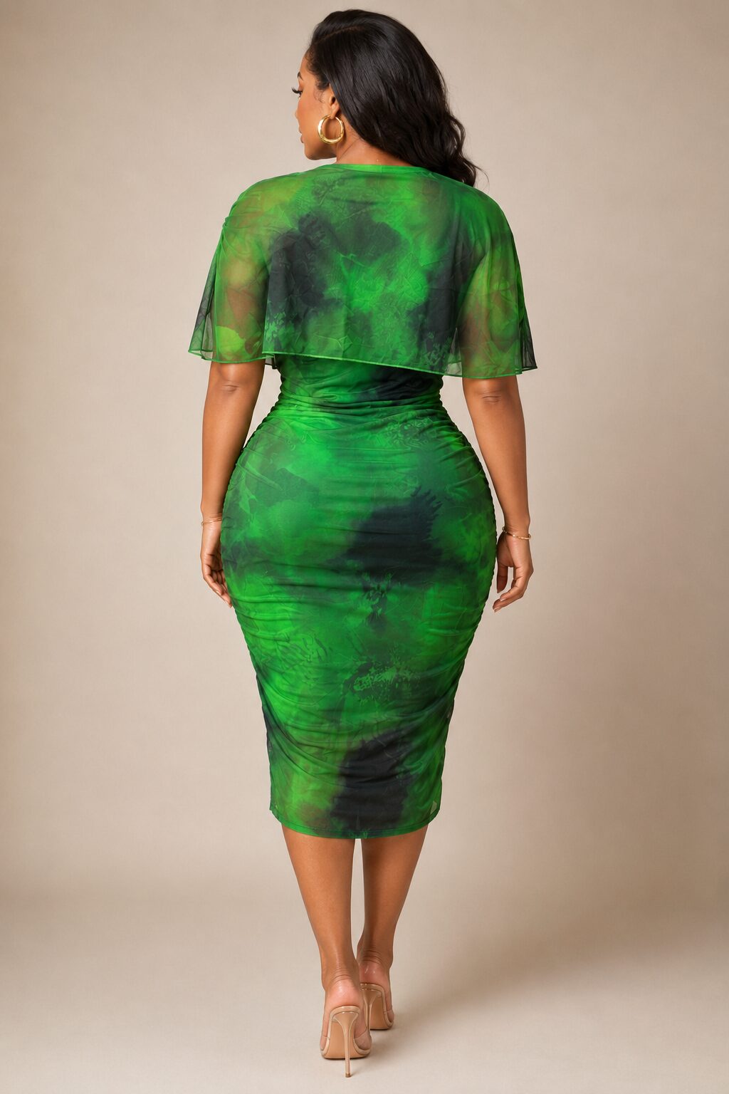 Emerald Mesh Mock-Neck Ruched Midi Dress - Image 3