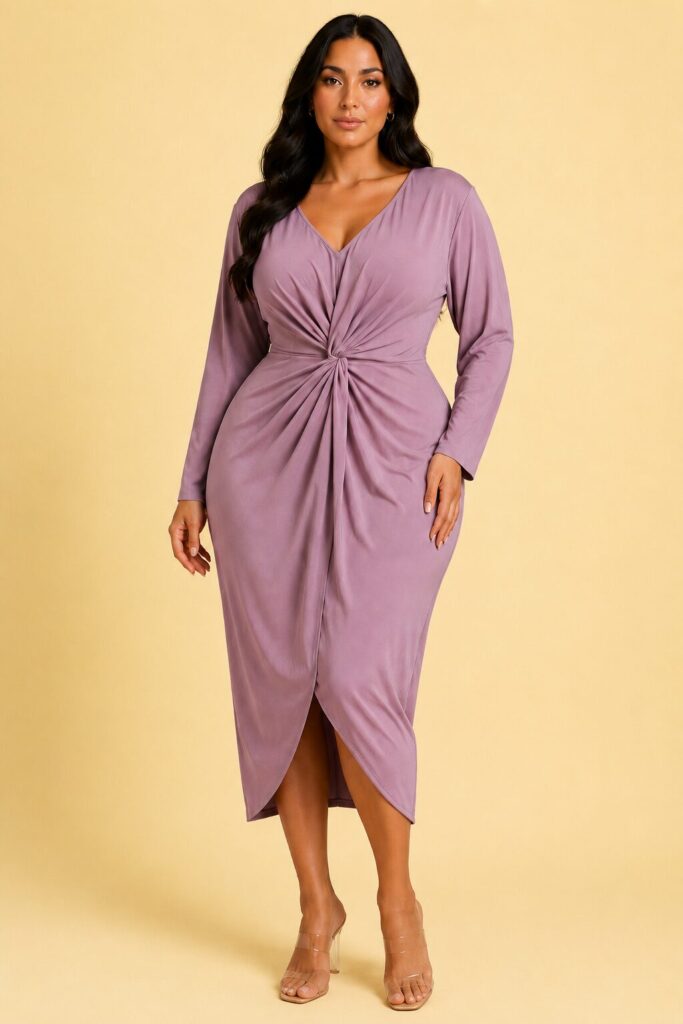 Mauve Knot-Front Bell-Sleeve Midi Dress