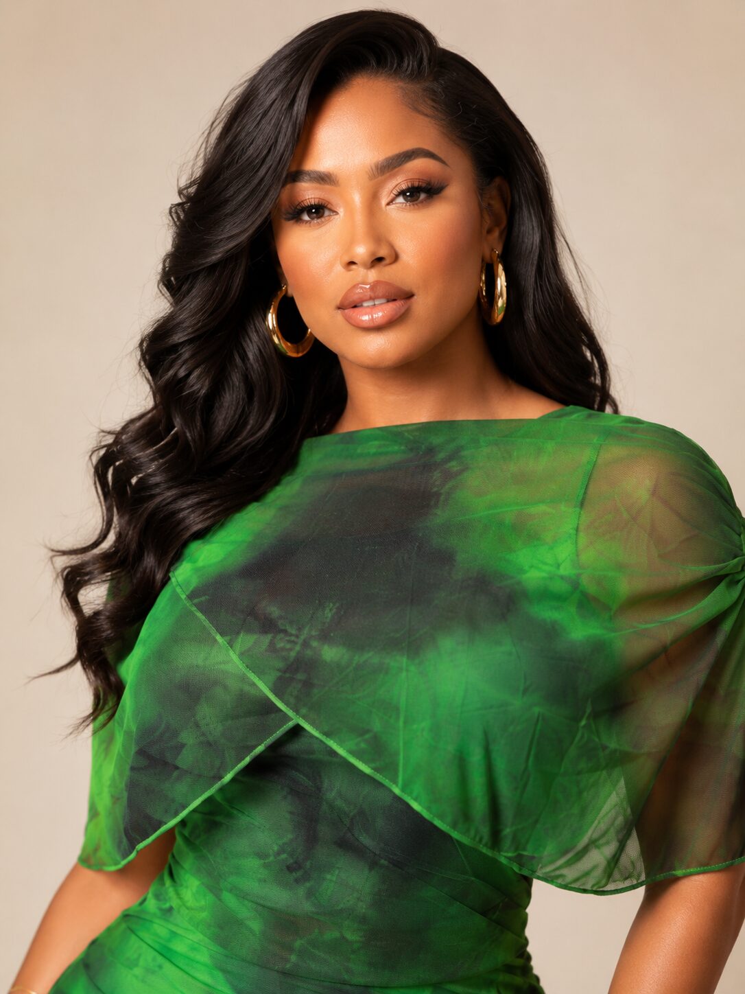 Emerald Mesh Mock-Neck Ruched Midi Dress - Image 4