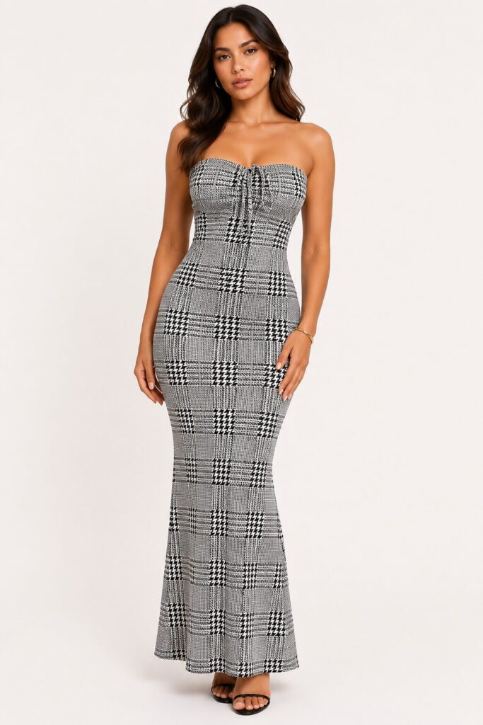 Strapless Plaid Mermaid Maxi Dress