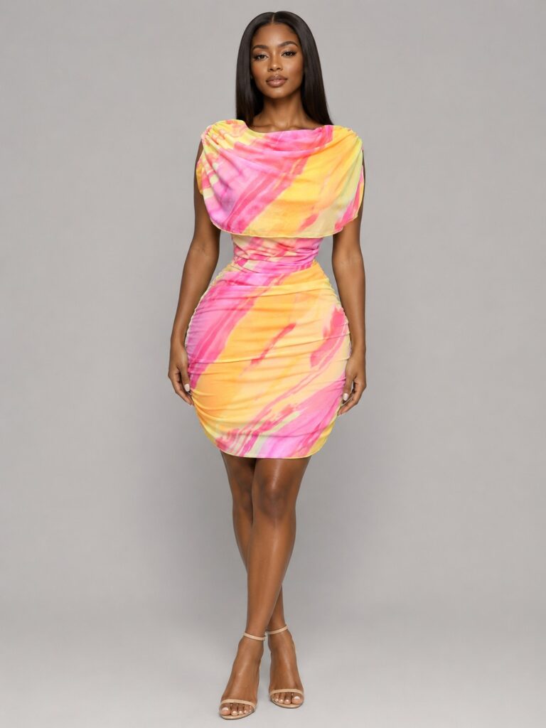 Mesh Mock-Neck Ruched Midi Dress