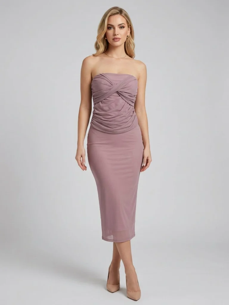 Mauve Twist-Bust Strapless Midi Dress
