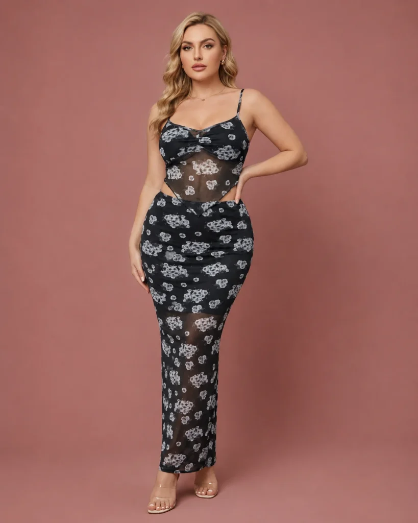 Noir Floral Mesh Two-Piece Midi Set