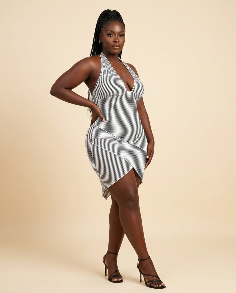 Grey Striped Halter Wrap Mini Dress