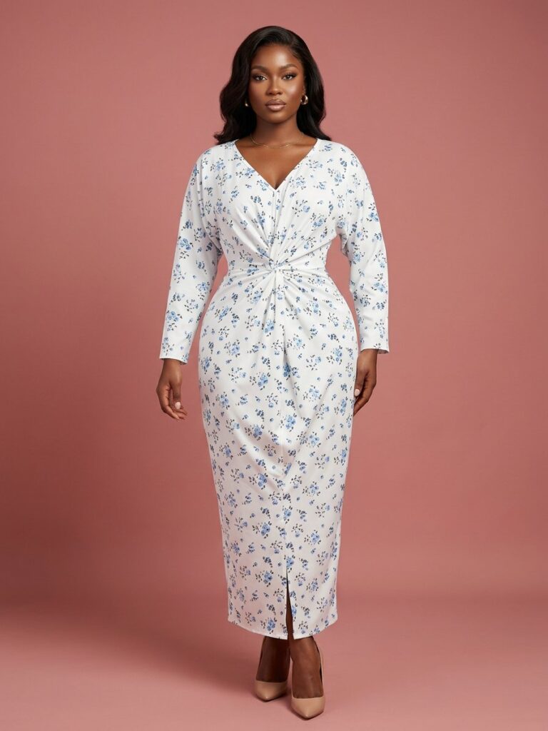Porcelain Floral Knot-Front Midi Dress
