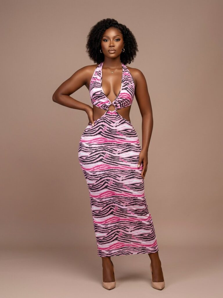 Fuchsia Zebra Ring-Halter Midi Dress