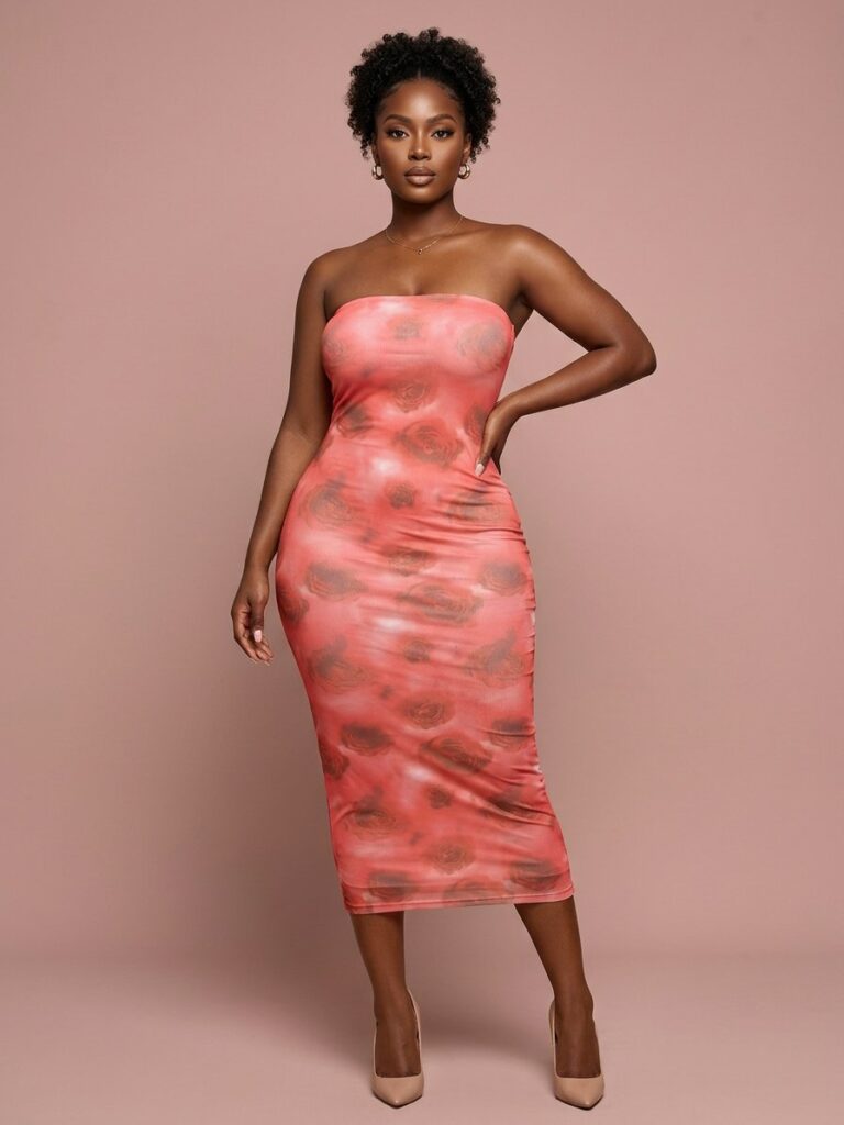 Rose Satin Strapless Midi Dress