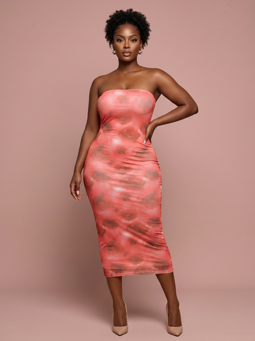 Rose Satin Strapless Midi Dress
