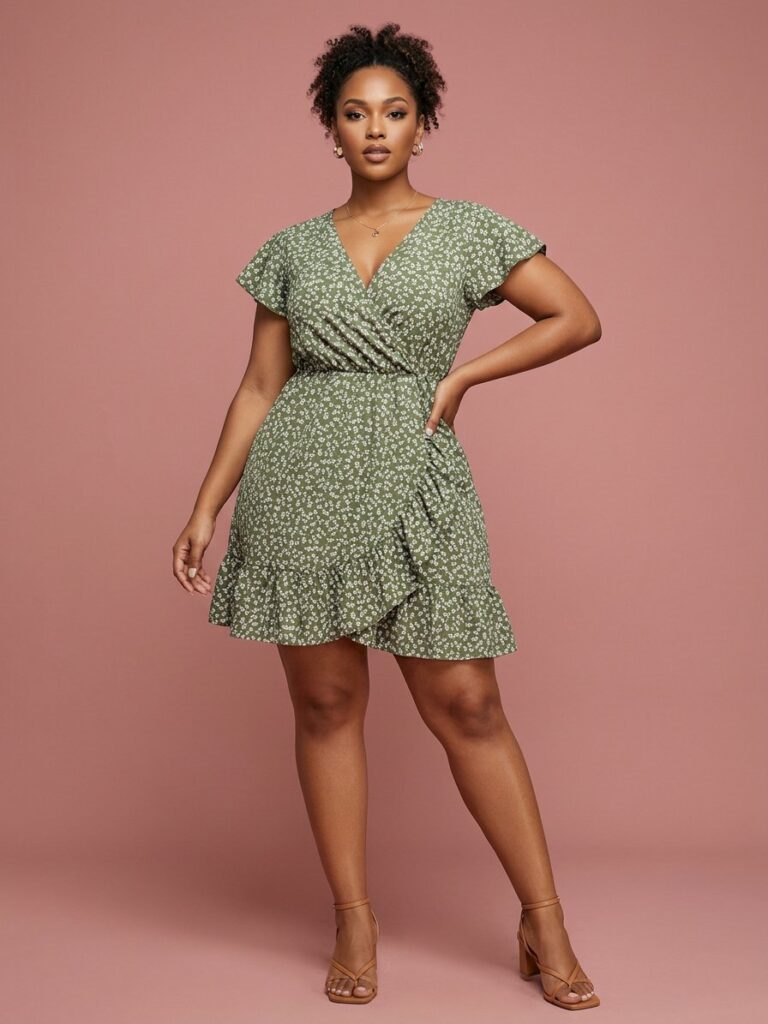 Olive Ditsy Floral V-Neck Mini Dress