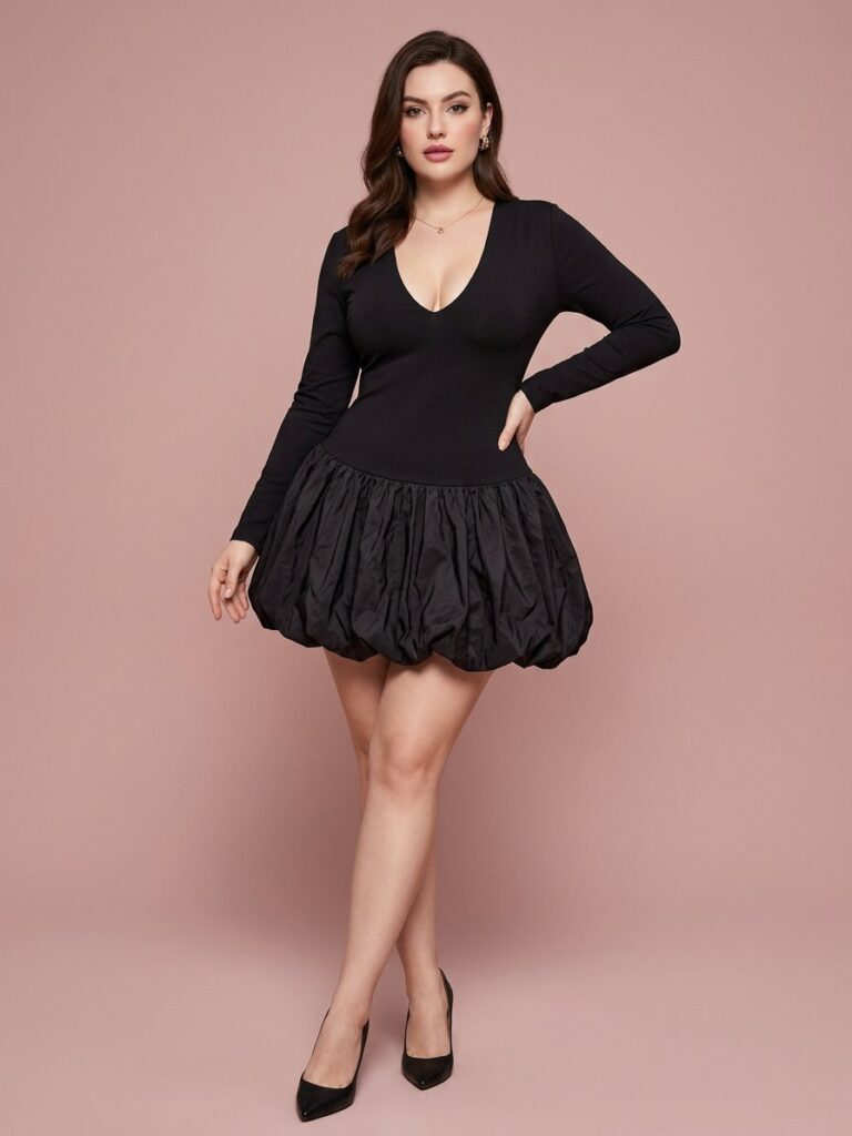 Black Plunge Drop-Waist Mini Dress