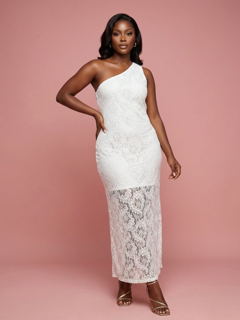 Lace One-Shoulder Ivory Maxi Dress