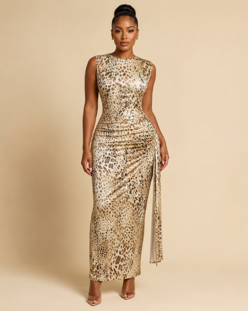 Gold Animal Print High-Slit Maxi Dress