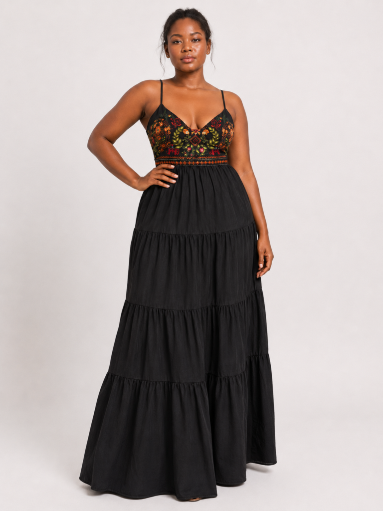 Black Floral-Embroidered Tiered Maxi Dress